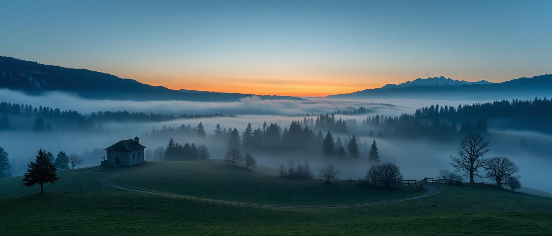 Vale do Jura suíço ao amanhecer com capela isolada